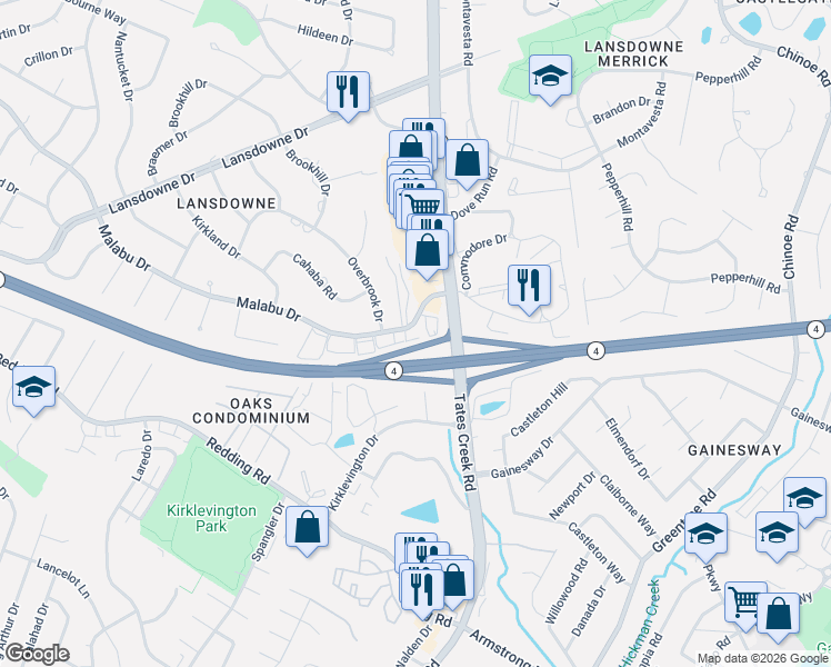 map of restaurants, bars, coffee shops, grocery stores, and more near 866 Malabu Drive in Lexington