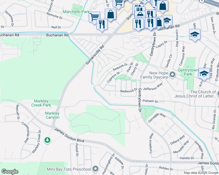 map of restaurants, bars, coffee shops, grocery stores, and more near 2445 Cypress Street in Antioch