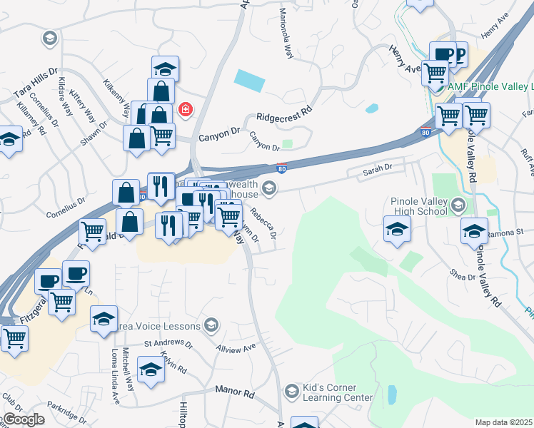 map of restaurants, bars, coffee shops, grocery stores, and more near 2539 Rebecca Drive in Pinole