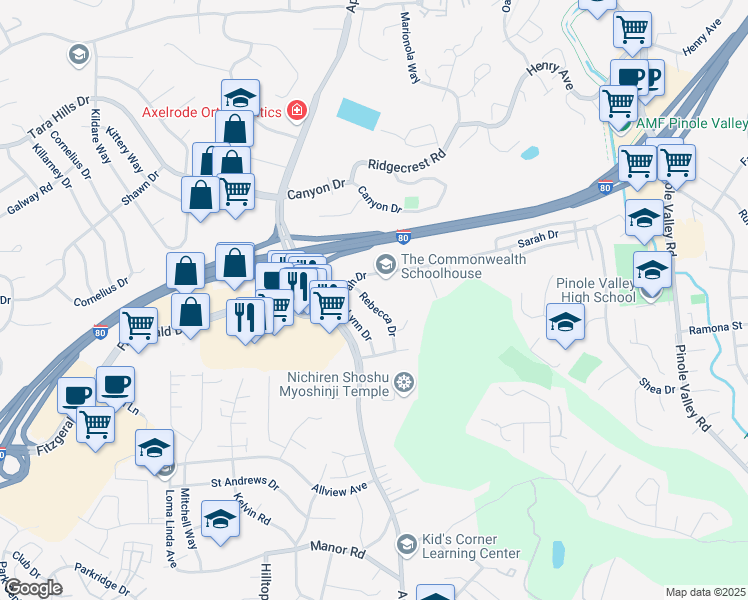 map of restaurants, bars, coffee shops, grocery stores, and more near 2539 Rebecca Drive in Pinole