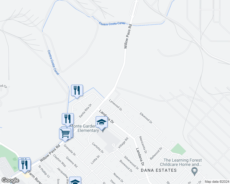 map of restaurants, bars, coffee shops, grocery stores, and more near 4006 Willow Pass Road in Concord