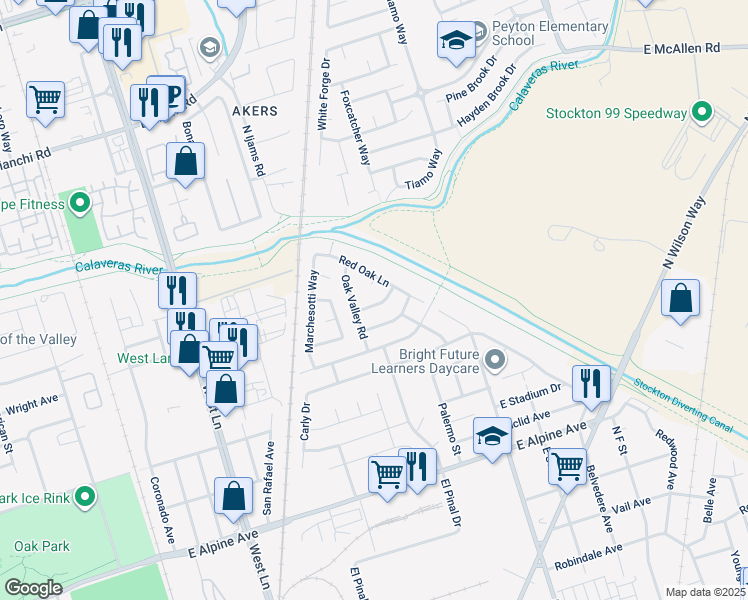 map of restaurants, bars, coffee shops, grocery stores, and more near 2031 Oak Branch Drive in Stockton