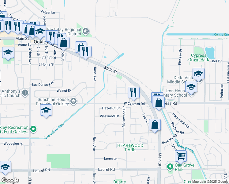 map of restaurants, bars, coffee shops, grocery stores, and more near 4533 Waterford Way in Oakley