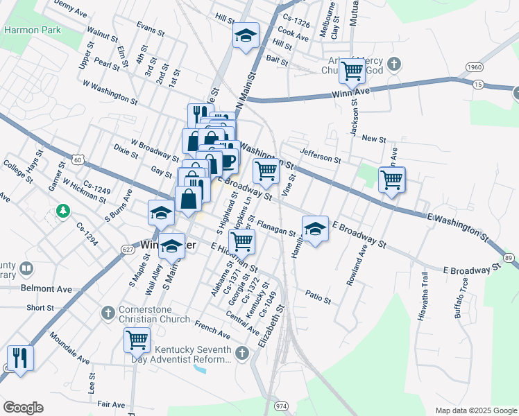 map of restaurants, bars, coffee shops, grocery stores, and more near 19 Buckner Street in Winchester