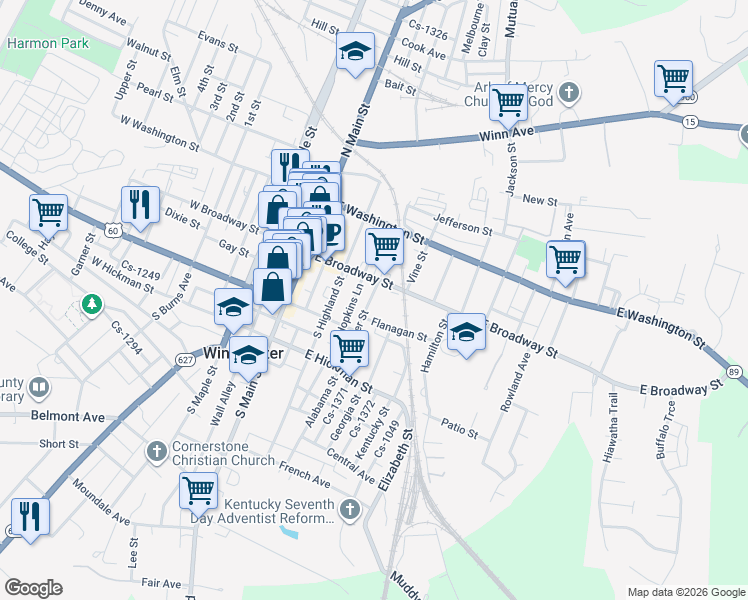map of restaurants, bars, coffee shops, grocery stores, and more near 19 Buckner Street in Winchester