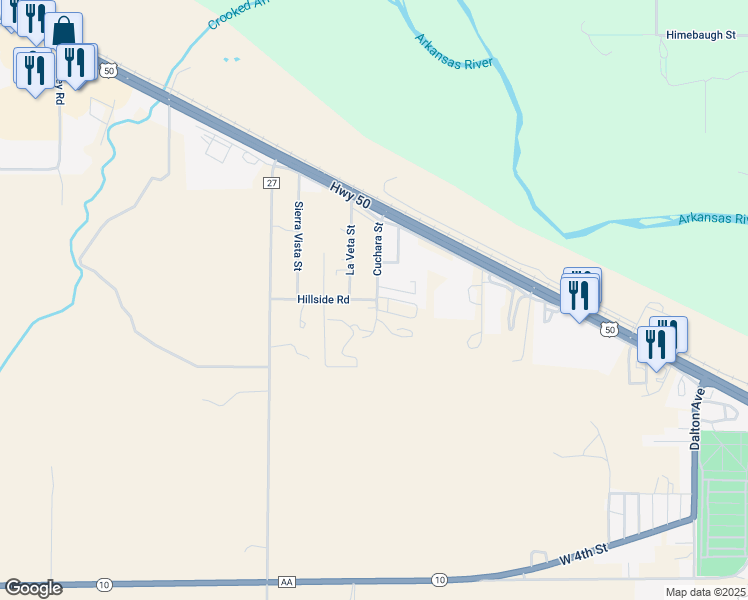 map of restaurants, bars, coffee shops, grocery stores, and more near Hillside Road in La Junta