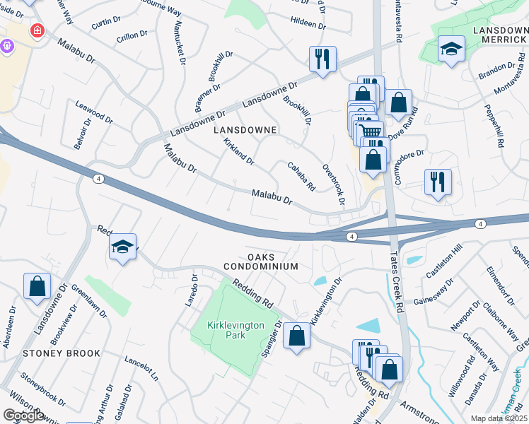 map of restaurants, bars, coffee shops, grocery stores, and more near 3432 Malabu Circle in Lexington