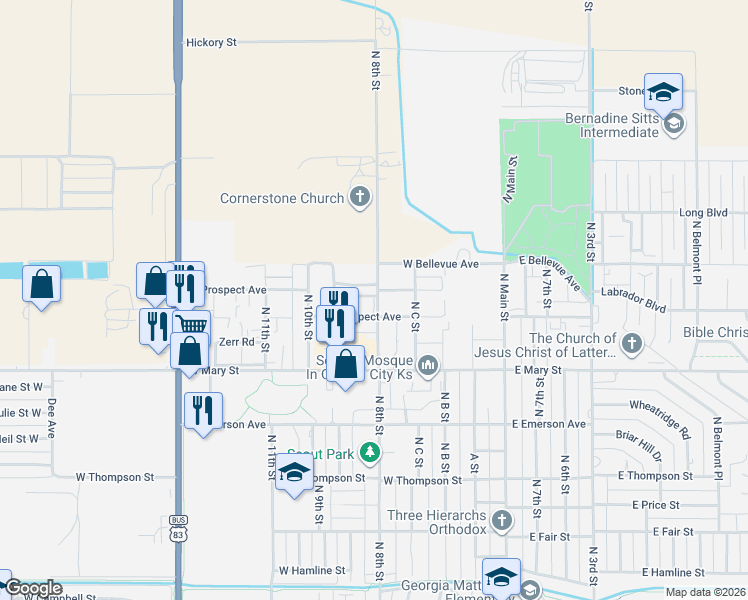 map of restaurants, bars, coffee shops, grocery stores, and more near South Park Drive in Garden City