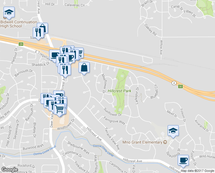 map of restaurants, bars, coffee shops, grocery stores, and more near 2829 Mayflower Drive in Antioch