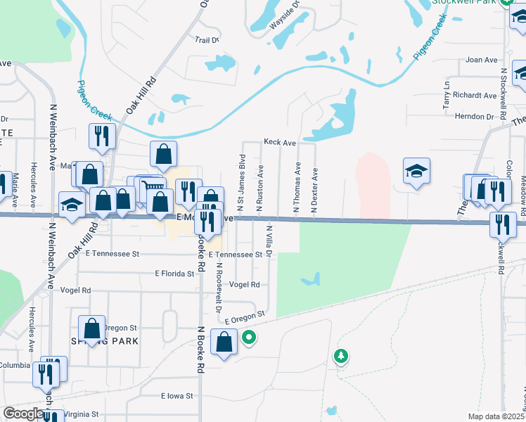 map of restaurants, bars, coffee shops, grocery stores, and more near 1612 North Villa Drive in Evansville