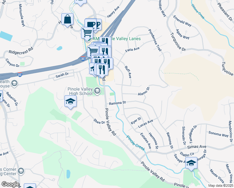 map of restaurants, bars, coffee shops, grocery stores, and more near 2931 Estates Avenue in Pinole