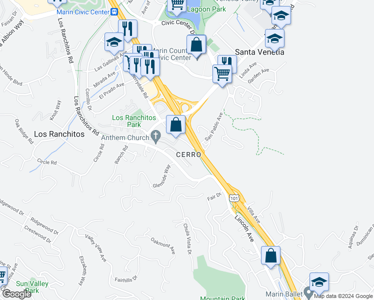 map of restaurants, bars, coffee shops, grocery stores, and more near 19 Merrydale Road in San Rafael