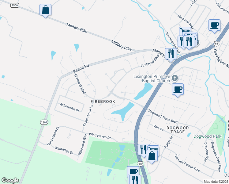 map of restaurants, bars, coffee shops, grocery stores, and more near 4796 Firebrook Boulevard in Lexington