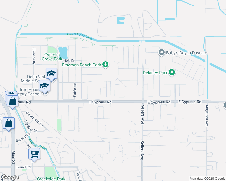 map of restaurants, bars, coffee shops, grocery stores, and more near 233 Cold Creek Drive in Oakley