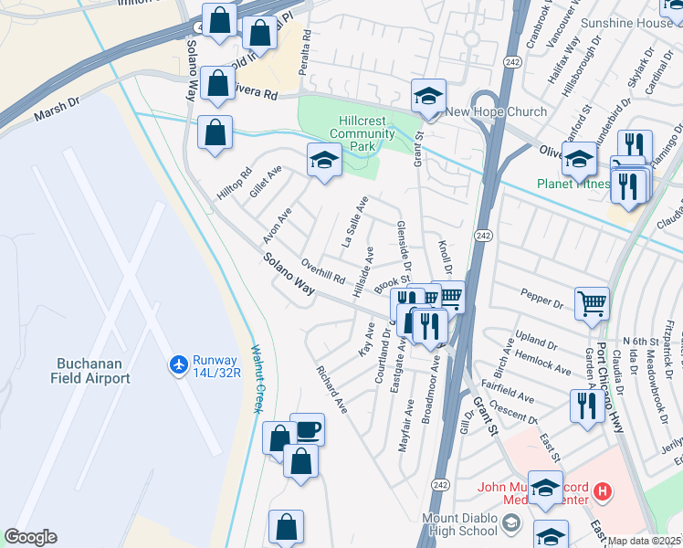 map of restaurants, bars, coffee shops, grocery stores, and more near 2029 Overhill Road in Concord