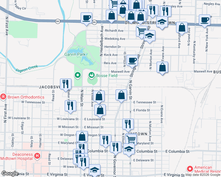 map of restaurants, bars, coffee shops, grocery stores, and more near 1513 North Lafayette Avenue in Evansville