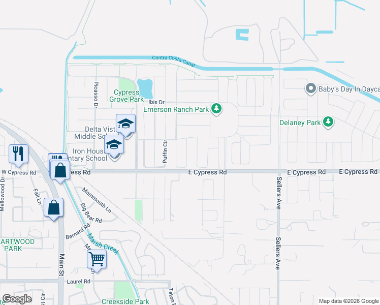 map of restaurants, bars, coffee shops, grocery stores, and more near 624 Brinwood Way in Oakley