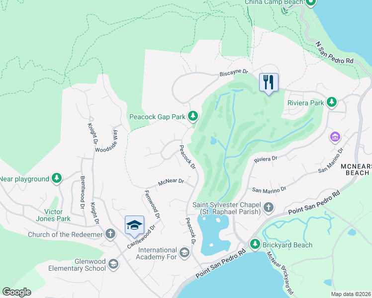 map of restaurants, bars, coffee shops, grocery stores, and more near 188 Peacock Drive in San Rafael