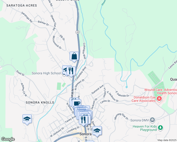 map of restaurants, bars, coffee shops, grocery stores, and more near 511 North Stewart Street in Sonora