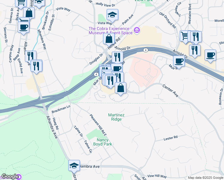 map of restaurants, bars, coffee shops, grocery stores, and more near 508 Center Avenue in Martinez