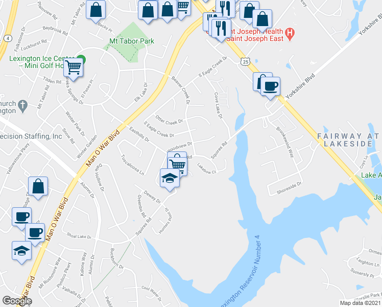 map of restaurants, bars, coffee shops, grocery stores, and more near 3370 Beaver Creek Drive in Lexington