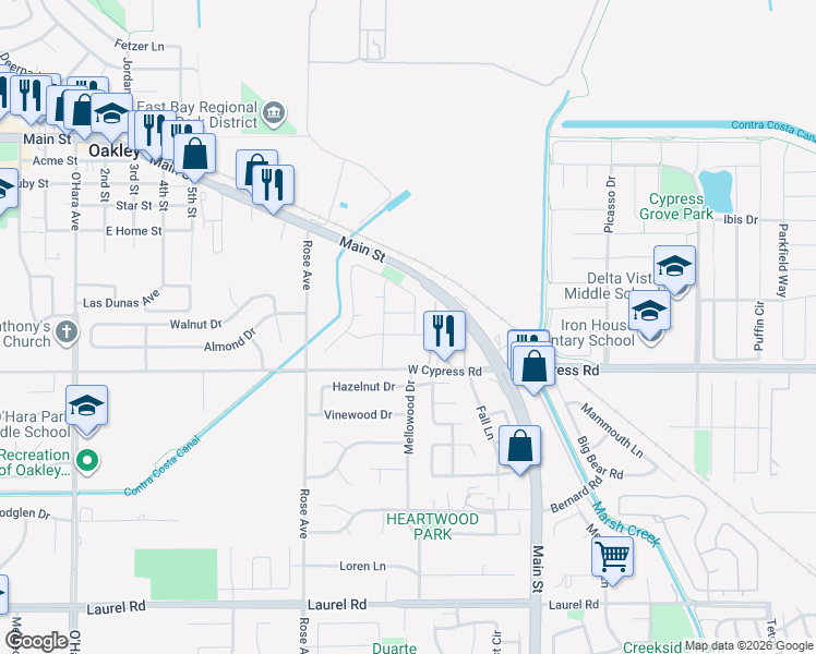 map of restaurants, bars, coffee shops, grocery stores, and more near 4607 Bayside Way in Oakley