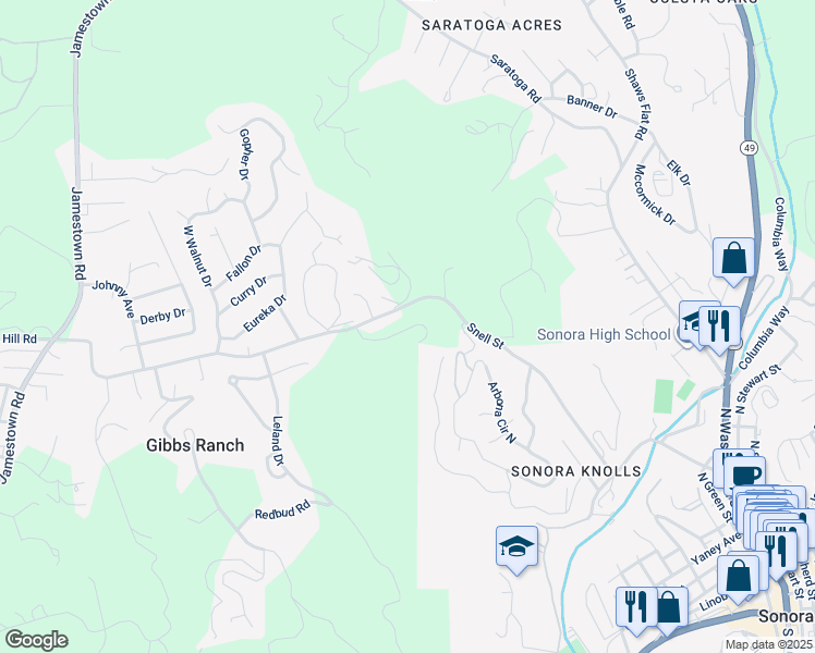 map of restaurants, bars, coffee shops, grocery stores, and more near 11365 Racetrack Road in Sonora
