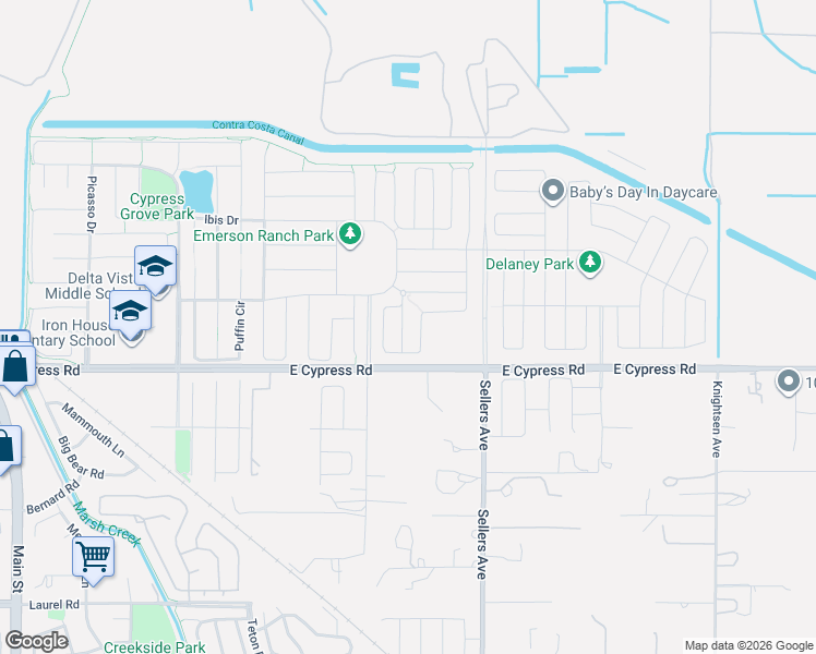 map of restaurants, bars, coffee shops, grocery stores, and more near 122 Granite Way in Oakley