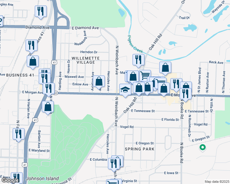 map of restaurants, bars, coffee shops, grocery stores, and more near 1924 East Morgan Avenue in Evansville
