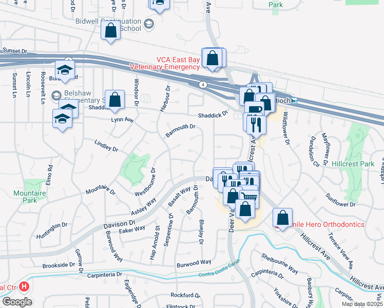 map of restaurants, bars, coffee shops, grocery stores, and more near 1215 Chelsea Court in Antioch