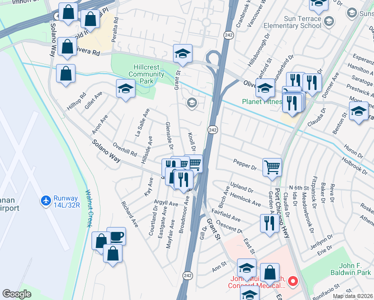 map of restaurants, bars, coffee shops, grocery stores, and more near 2968 Grant Street in Concord