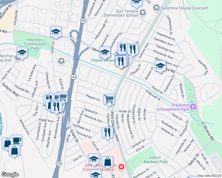 map of restaurants, bars, coffee shops, grocery stores, and more near 2461 Krueger Drive in Concord