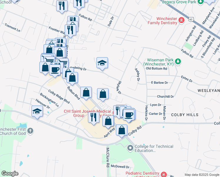 map of restaurants, bars, coffee shops, grocery stores, and more near 5 Chickadee Lane in Winchester