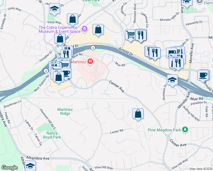map of restaurants, bars, coffee shops, grocery stores, and more near 1014 Veterans Court in Martinez