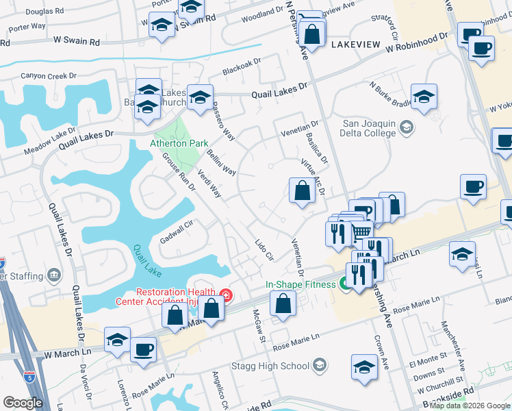 map of restaurants, bars, coffee shops, grocery stores, and more near 1557 Griffin Point in Stockton