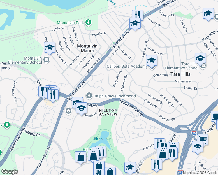 map of restaurants, bars, coffee shops, grocery stores, and more near 2772 Sargent Avenue in San Pablo