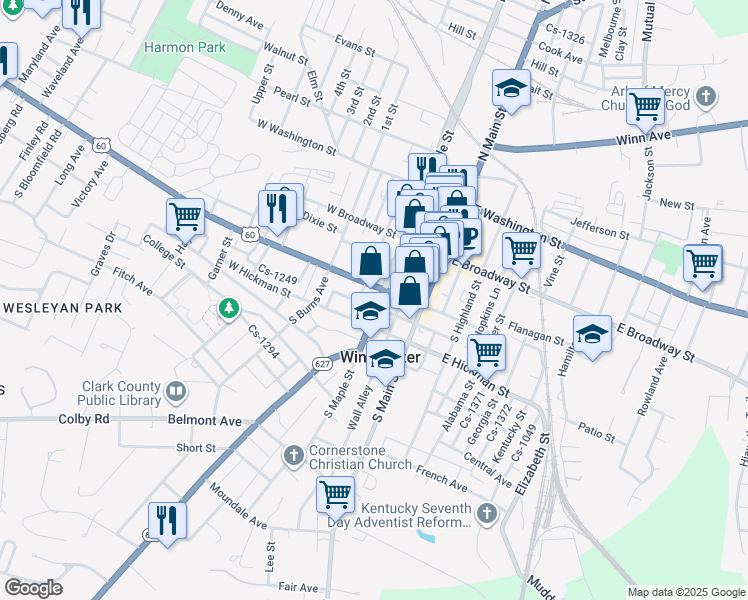 map of restaurants, bars, coffee shops, grocery stores, and more near 114 South Maple Street in Winchester