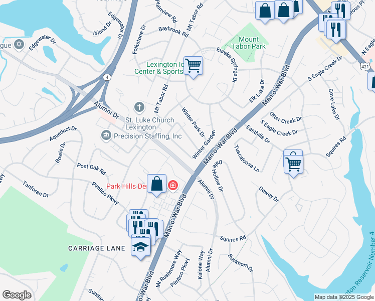 map of restaurants, bars, coffee shops, grocery stores, and more near 2908 Winter Garden in Lexington