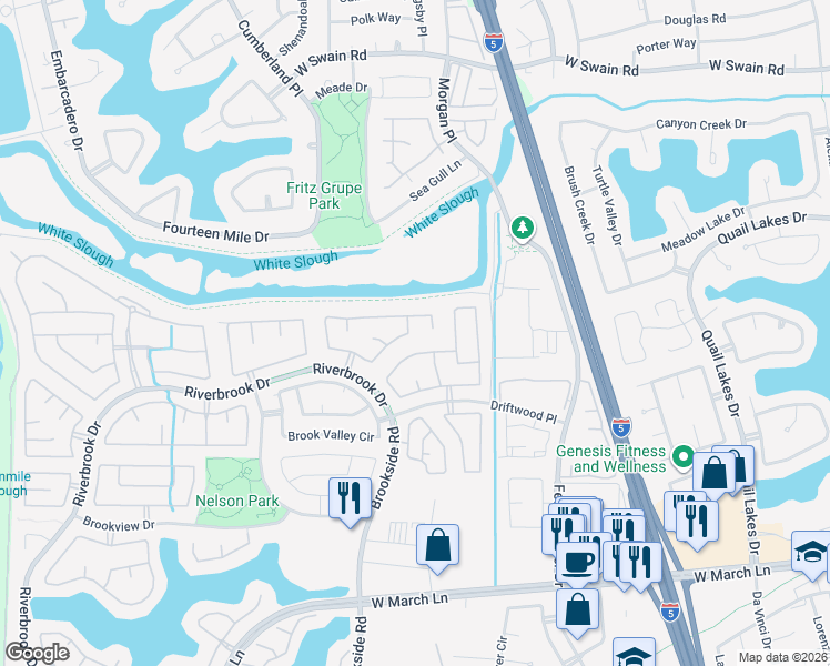 map of restaurants, bars, coffee shops, grocery stores, and more near 6777 Brook Falls Circle in Stockton