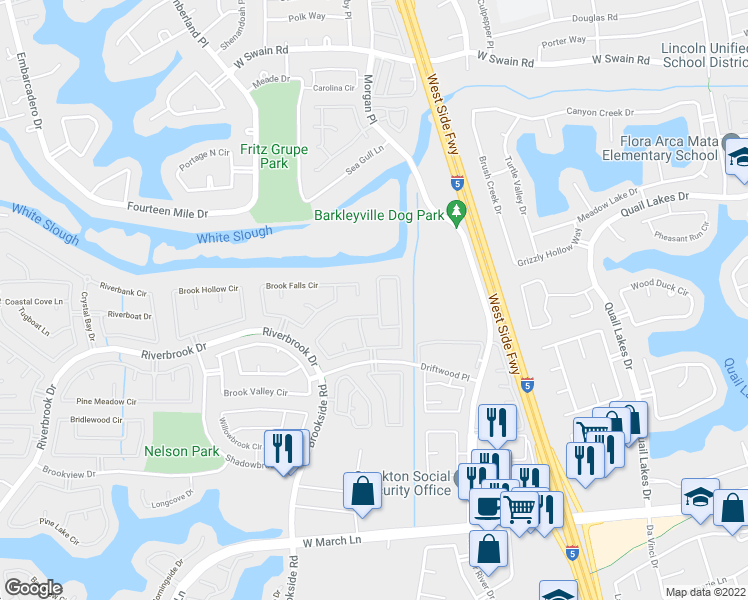map of restaurants, bars, coffee shops, grocery stores, and more near 3171 Autumn Chase Circle in Stockton