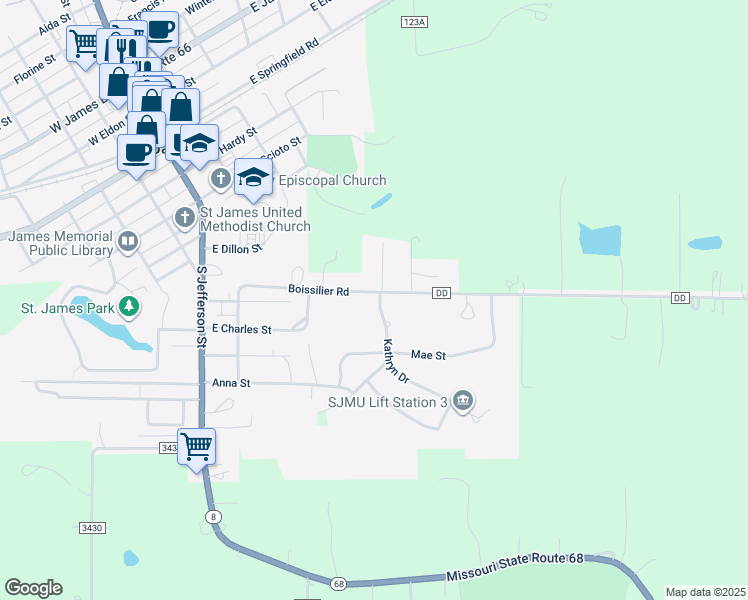 map of restaurants, bars, coffee shops, grocery stores, and more near 318 State Route DD in Saint James