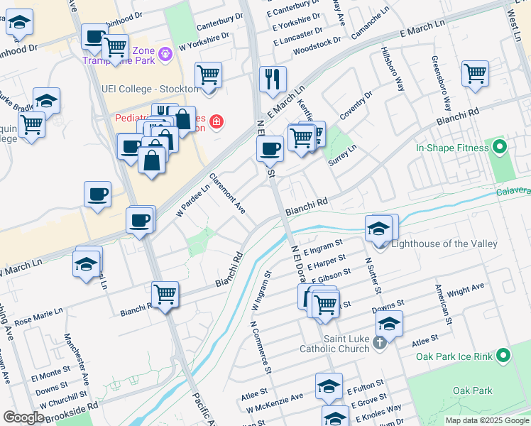 map of restaurants, bars, coffee shops, grocery stores, and more near 24 West Jamestown Street in Stockton