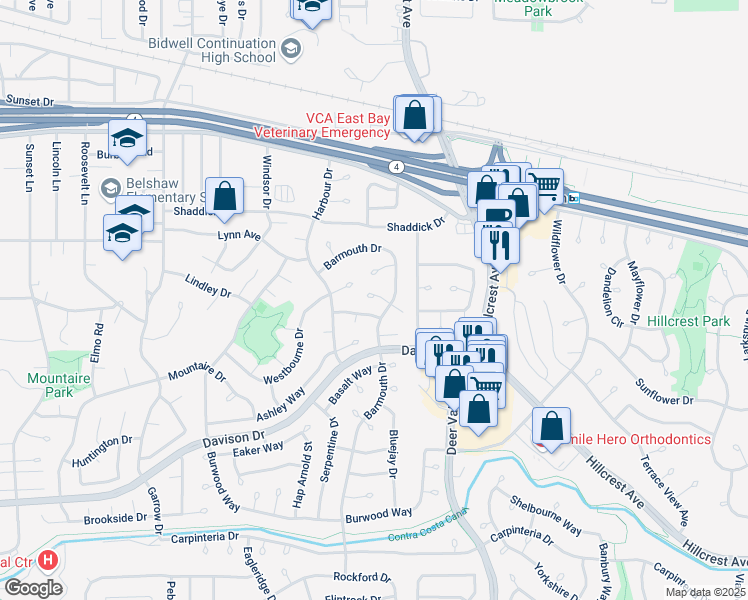 map of restaurants, bars, coffee shops, grocery stores, and more near 1215 Chelsea Court in Antioch