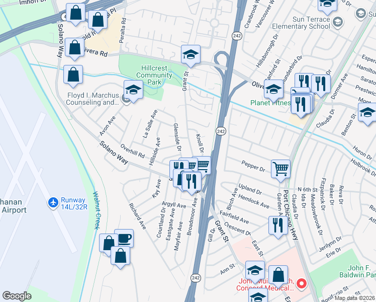map of restaurants, bars, coffee shops, grocery stores, and more near 2968 Grant Street in Concord