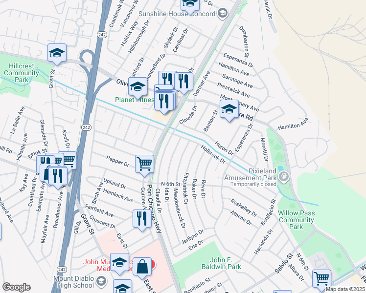 map of restaurants, bars, coffee shops, grocery stores, and more near 3279 Meadowbrook Drive in Concord