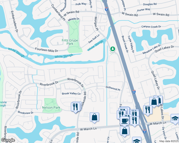 map of restaurants, bars, coffee shops, grocery stores, and more near 6777 Brook Falls Circle in Stockton
