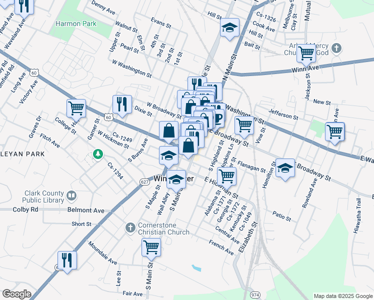 map of restaurants, bars, coffee shops, grocery stores, and more near 18 West Lexington Avenue in Winchester