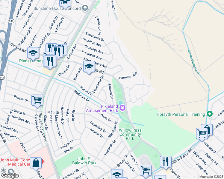 map of restaurants, bars, coffee shops, grocery stores, and more near 3396 Moretti Drive in Concord