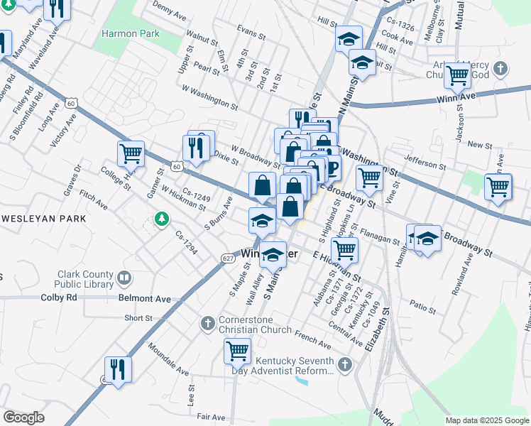 map of restaurants, bars, coffee shops, grocery stores, and more near 114 South Maple Street in Winchester