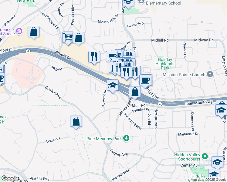 map of restaurants, bars, coffee shops, grocery stores, and more near 1158 Polson Circle in Martinez